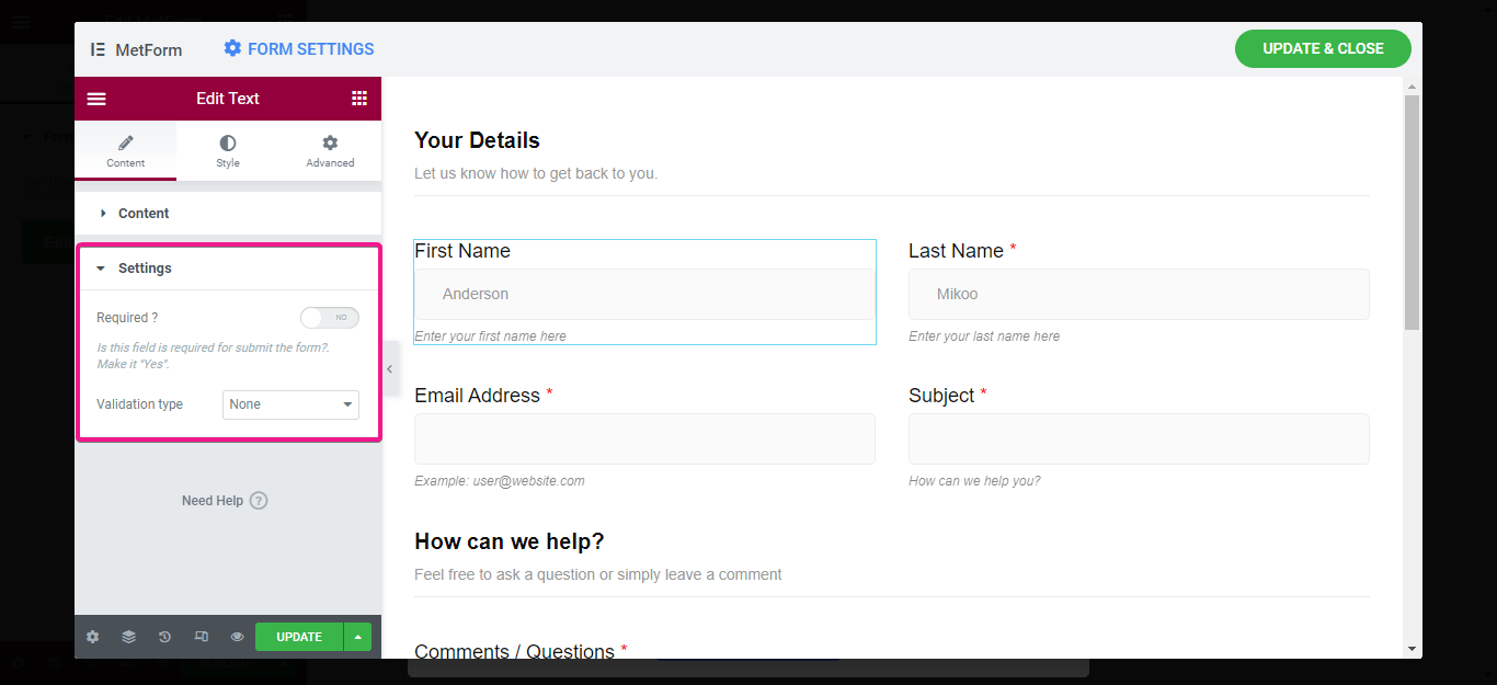 Change settings of contact us form with MetForm