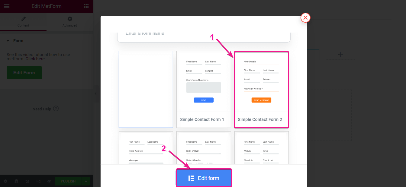 Insert template for WordPress contact form using MetForm