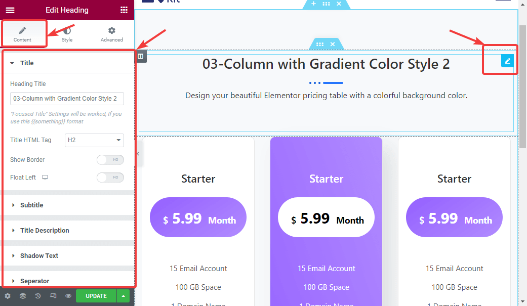 customize heading of pricing table WordPress Pricing Table