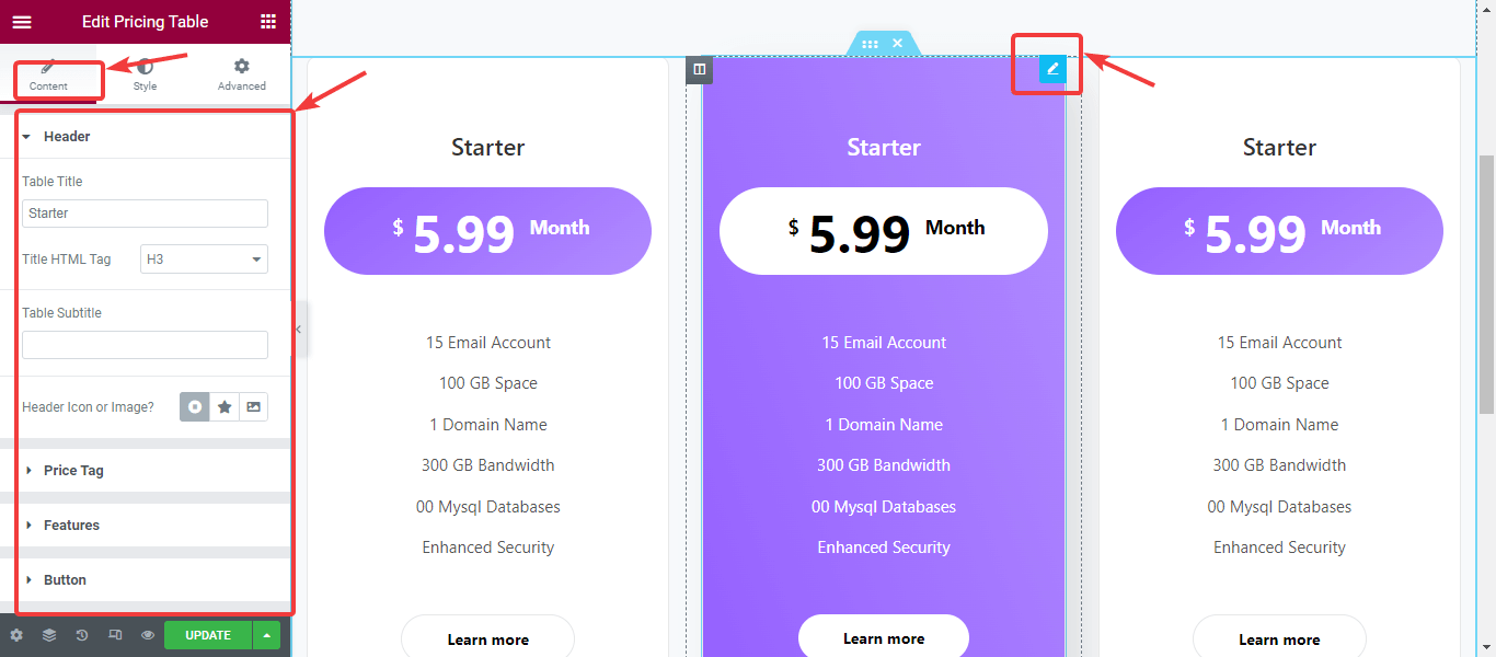 edit pricing sections WordPress Pricing Table