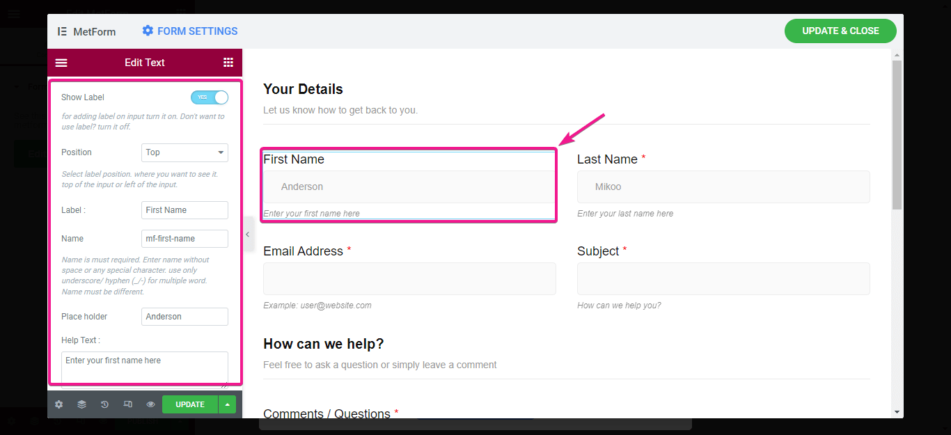 Edit input fields of the form using MetForm