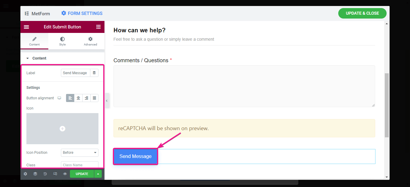 edit submission button of contact form using MetForm