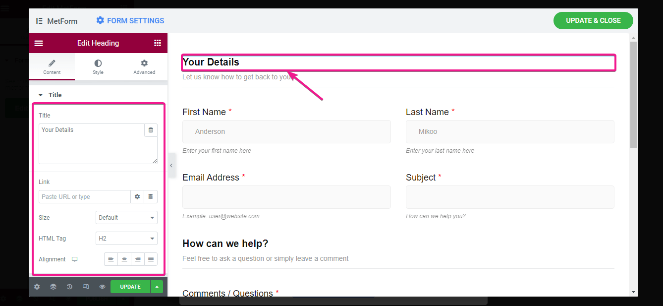 Edit heading of the form using MetForm