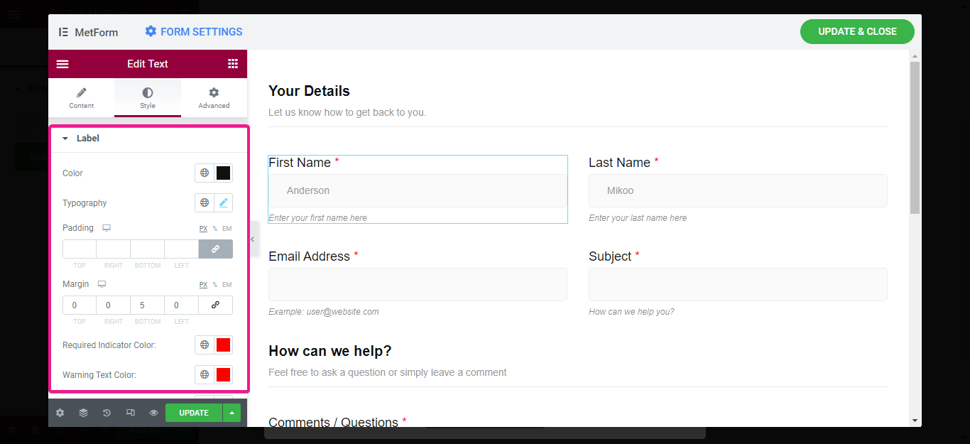 Change the style of contact us form using MetForm