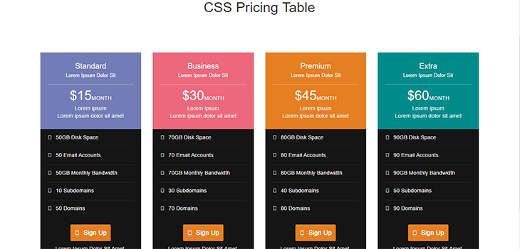 ColorFull Bootstrap Pricing Table