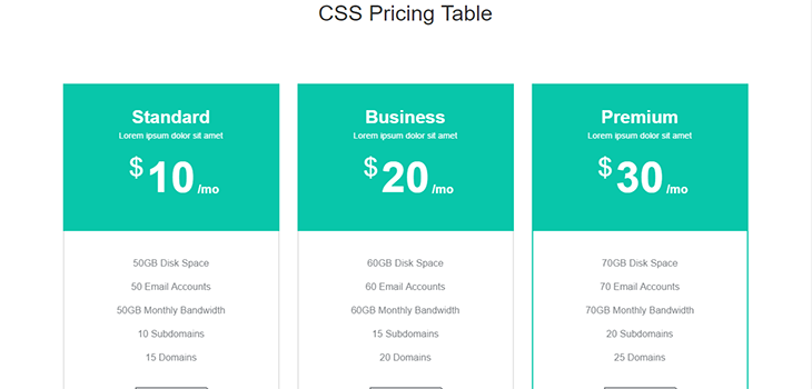 Simple Bootstrap CSS Pricing Table