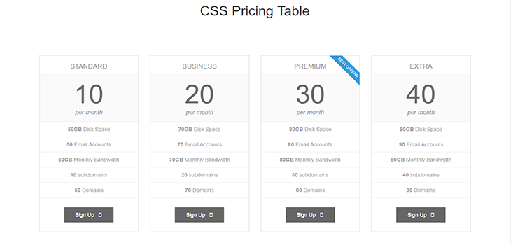 Simple Bootstrap Pricing Table